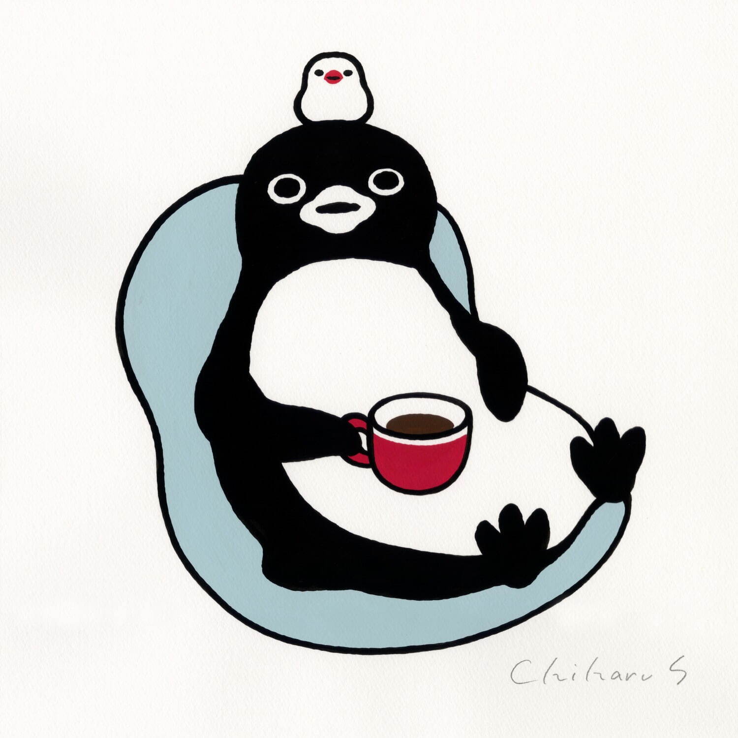 「ペンギンと文鳥とコーヒー」35×35cm アクリルガッシュ