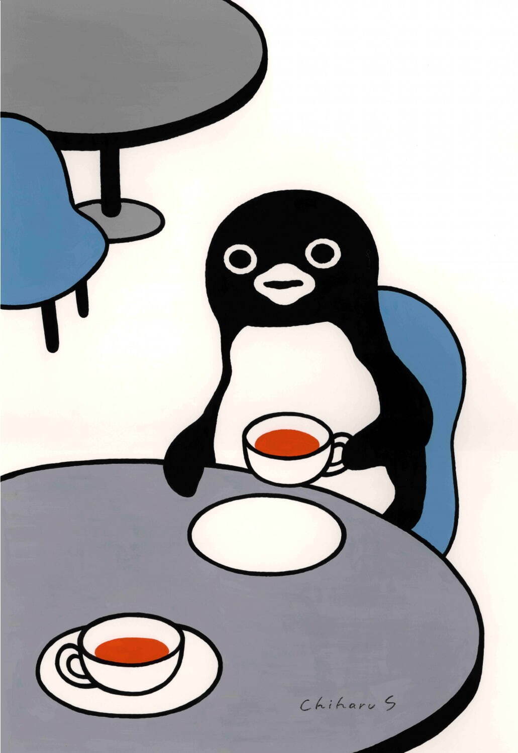 「カフェのペンギン」68×47cm アクリルガッシュ