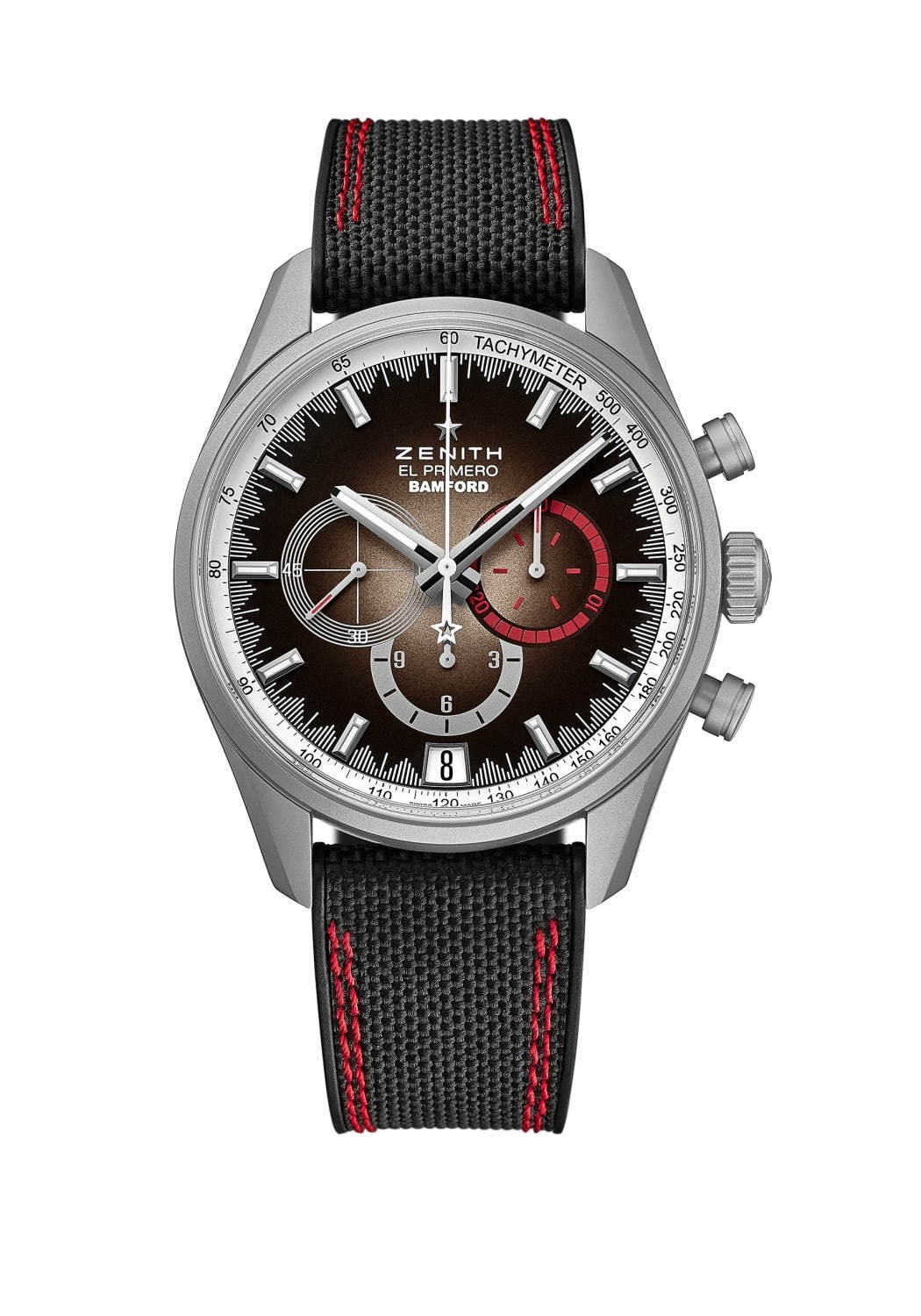 ゼニス×英カスタムウォッチメーカーのコラボ腕時計、マット仕上げのケースにレッドがアクセントの文字盤｜写真13