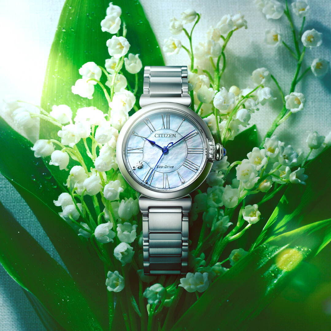 シチズン エル」“スズラン”をイメージした新作腕時計、⽩蝶⾙の⽂字版