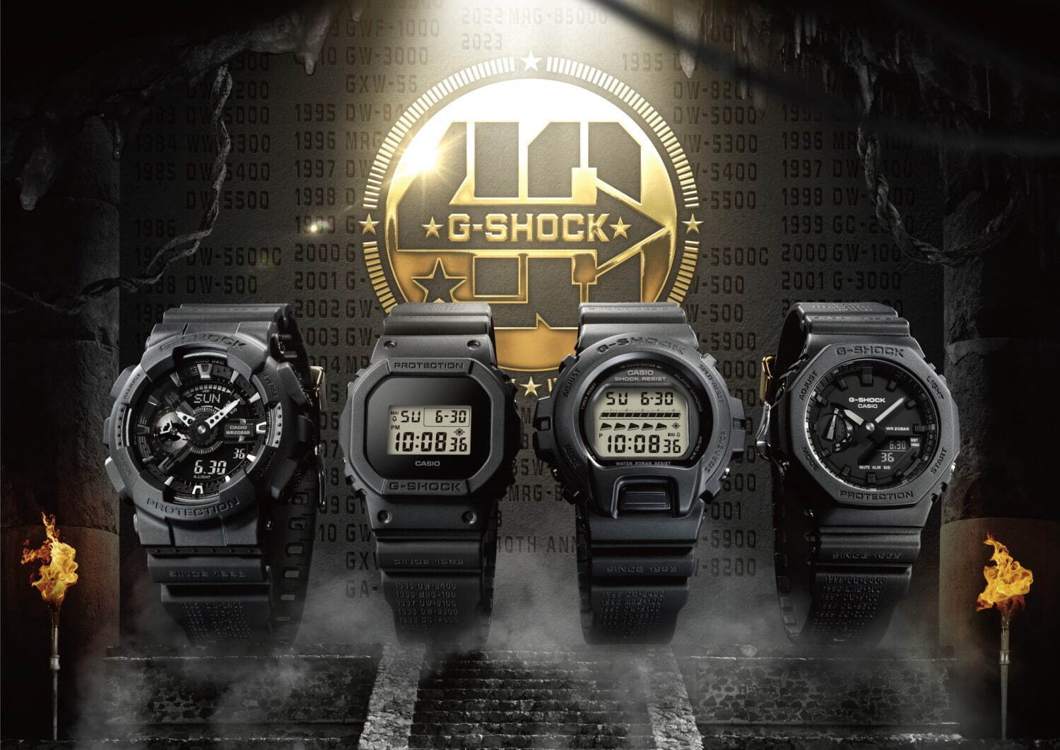 G-SHOCK40周年記念“オールブラック”腕時計、歴代モデル名をバンドに