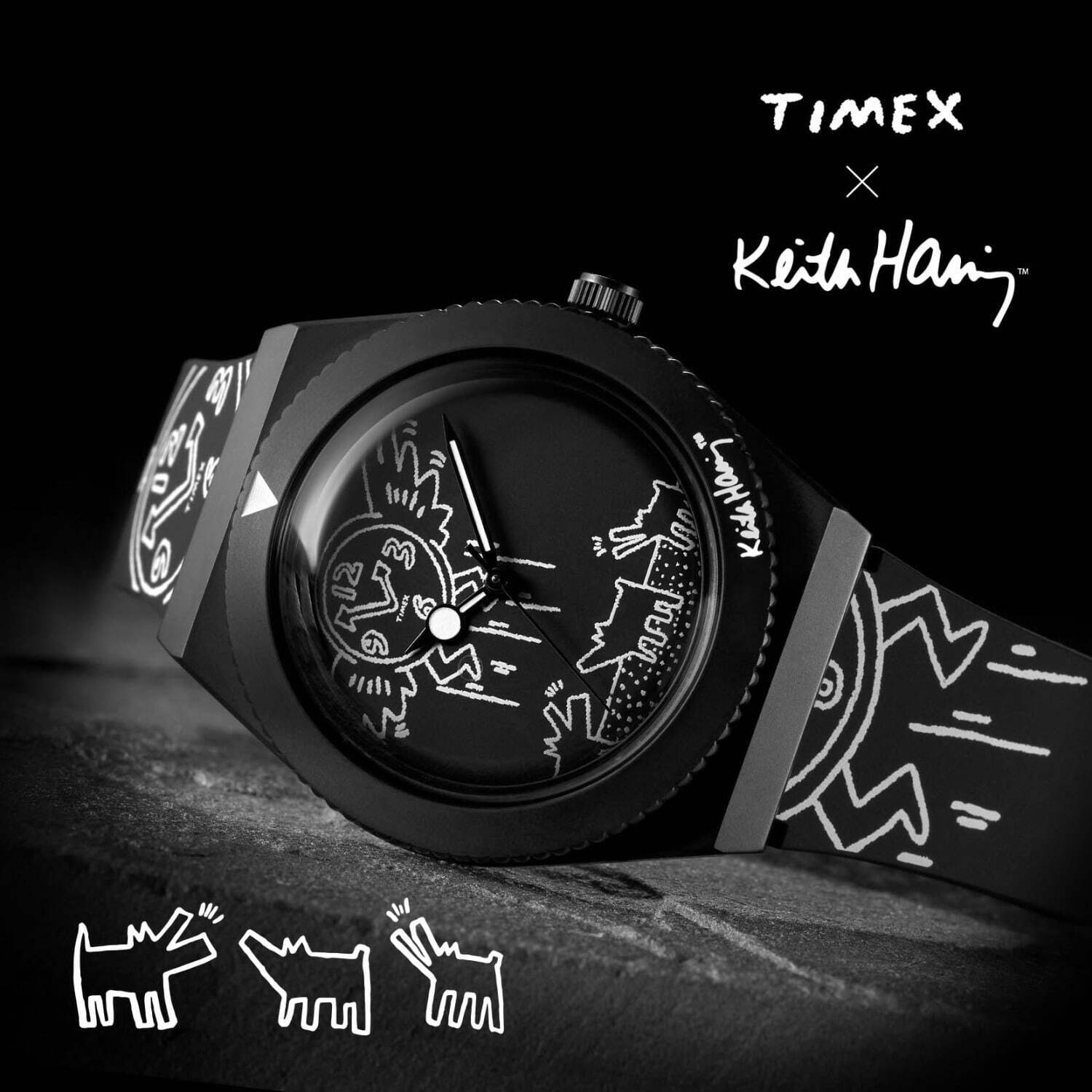 タイメックス×キース・ヘリングのコラボ腕時計、時計全体にアートを 