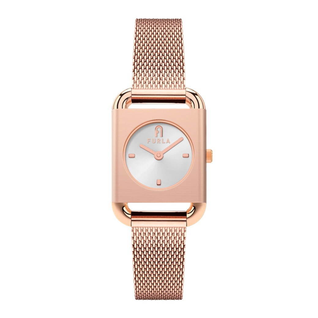 フルラのスクエア型ウィメンズ腕時計、ゴールドメッシュベルト