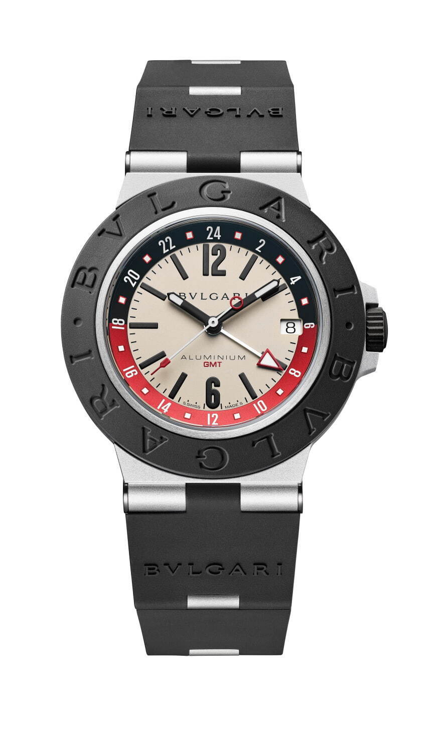 ブルガリの腕時計「ブルガリ アルミニウム」赤の差し色×モノトーン 