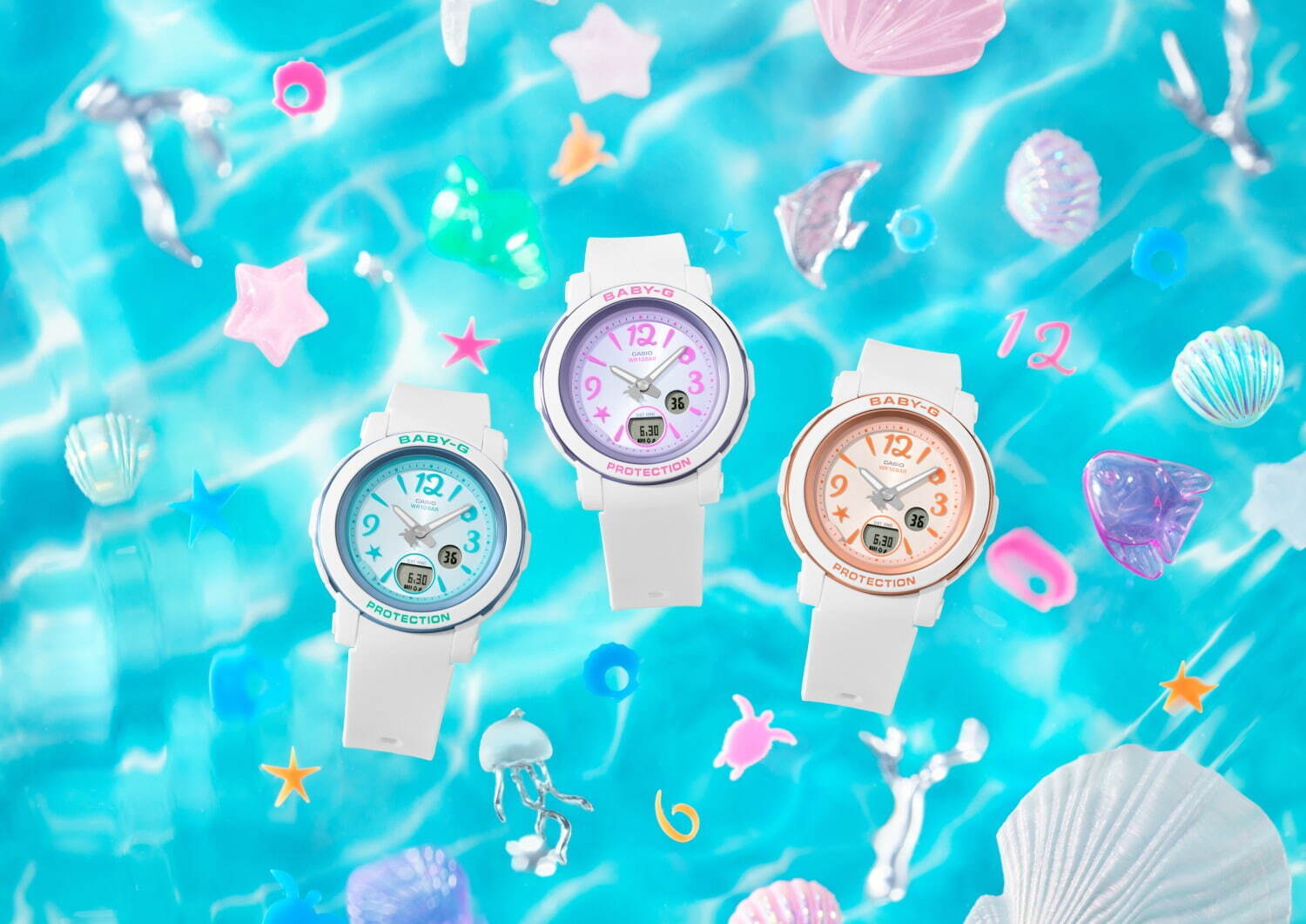 BABY-G“海の中”着想トロピカルカラーの腕時計、ウミガメ＆ヒトデのモチーフ入り文字板｜写真1