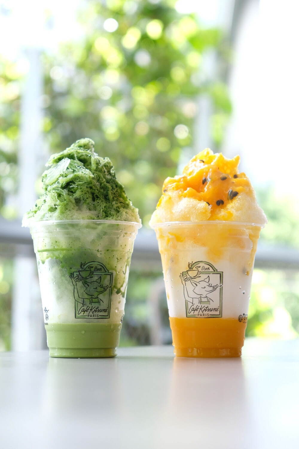 カフェ キツネのふわふわかき氷“抹茶プリン入り”濃厚抹茶＆マンゴー味、渋谷＆京都新風館店で｜写真1