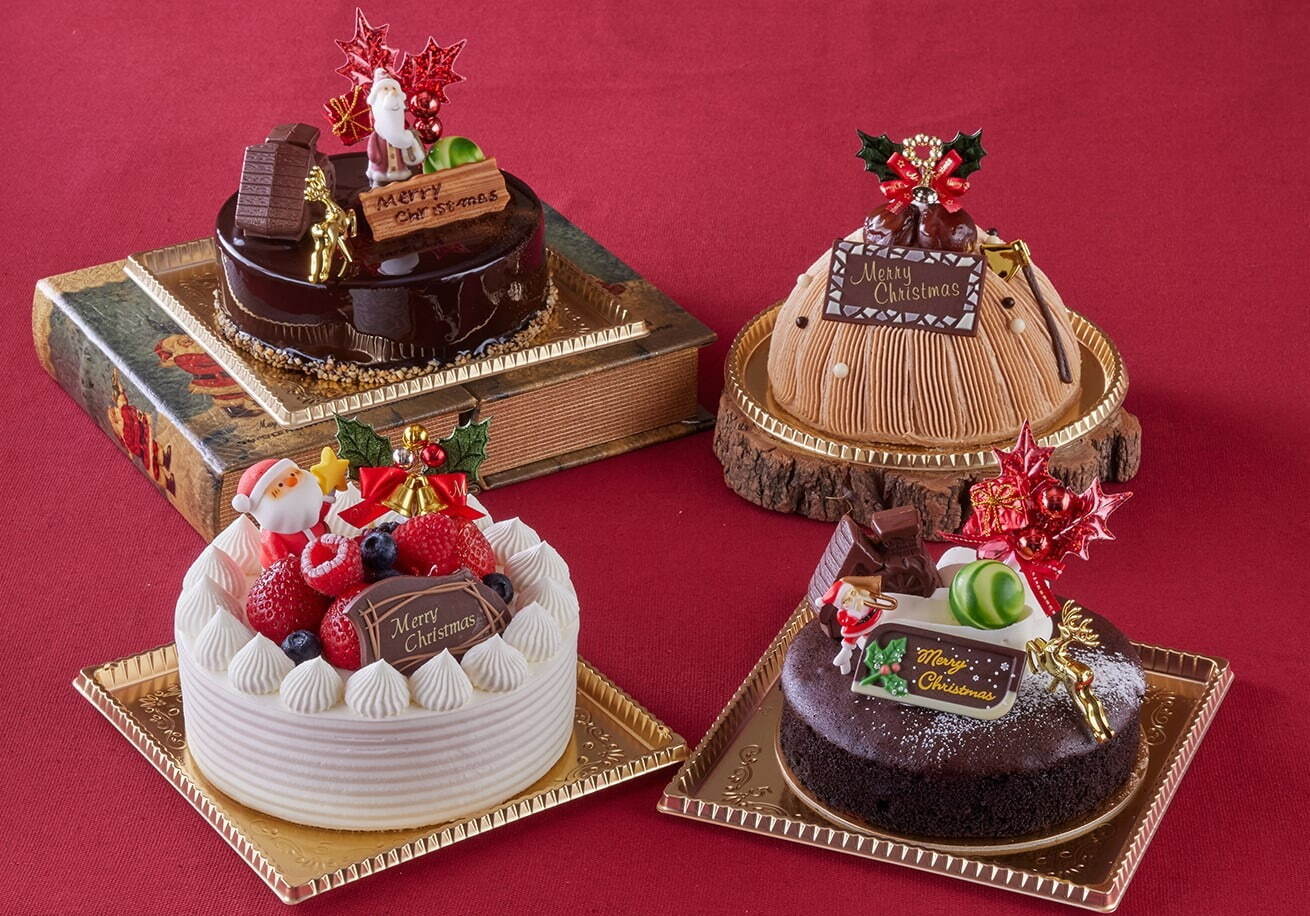 左上から)クリスマスグアナラ 5号(直径15cm) 5,500円、クリスマスショートケーキ 5号(直径15cm) 6,000円、クリスマスモンブラン 5号(直径14cm) 5,200円、ガトーショコラクラシック 5号(直径15cm) 5,000円