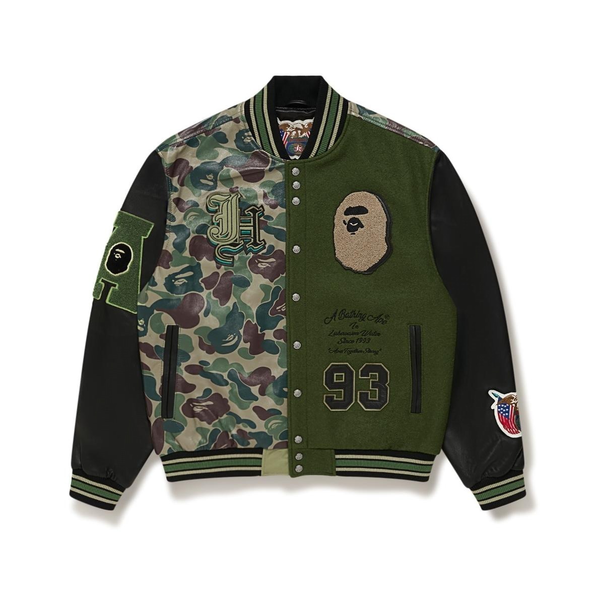 BAPE X JEFF HAMILTON ABC CAMOMULTI LOGO WOOL AND LEATHER JACKET 275,000円