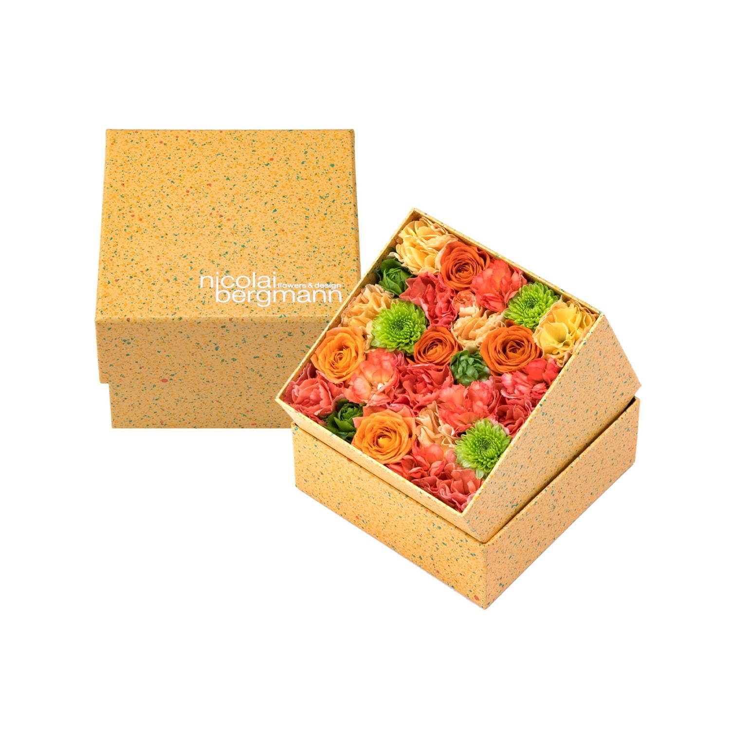 ニコライ バーグマン夏限定フラワーボックス オレンジ グリーンの花々をドット柄ボックスに詰めて ファッションプレス