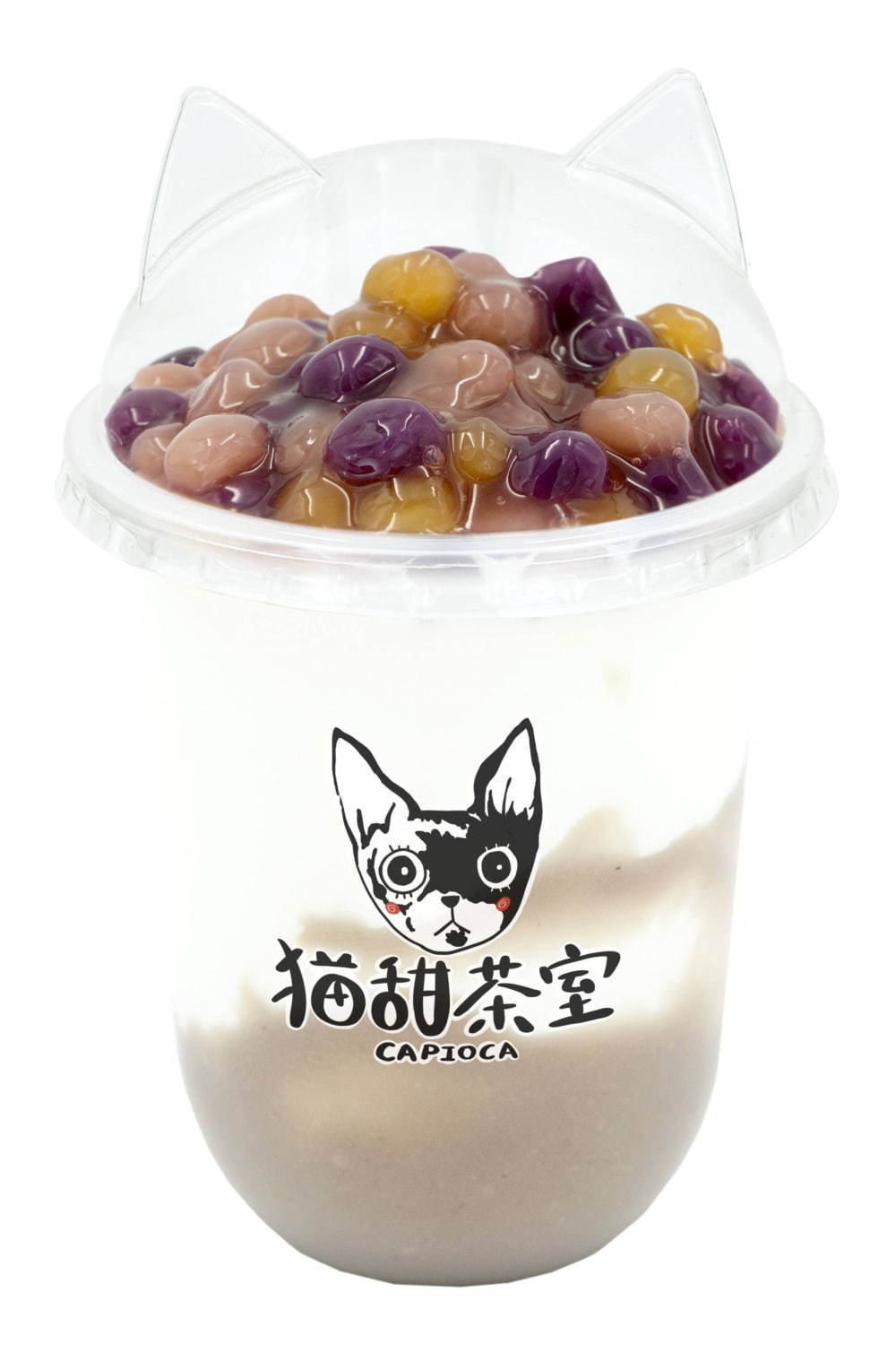 台湾生タピオカ 猫甜茶室 カピオカ 猫型カップのさつまいも 紫芋ミルク タロイモボールトッピング ファッションプレス