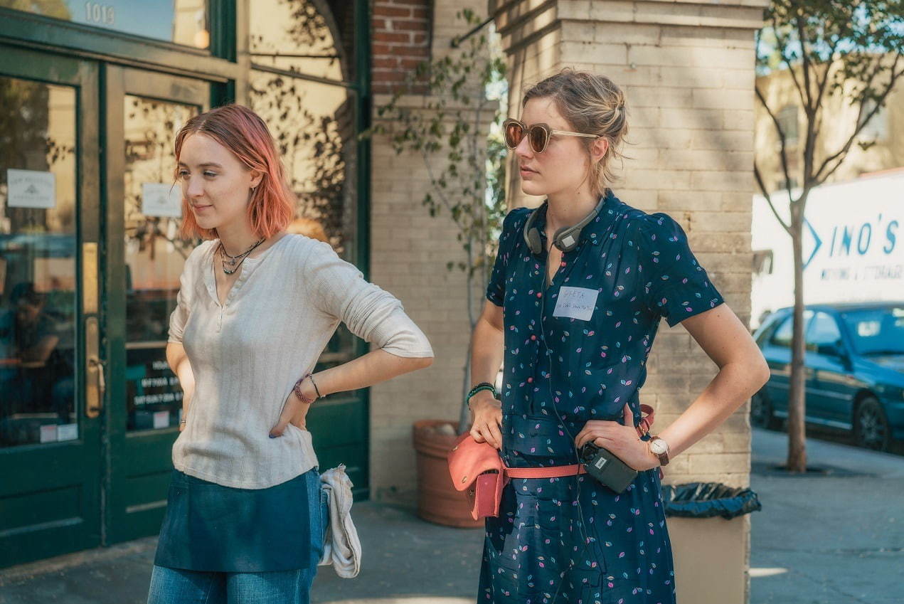 Saoirse Ronan and Greta Gerwig on the set of LADY BIRD Photo by Merie Wallace, courtesy of A24)