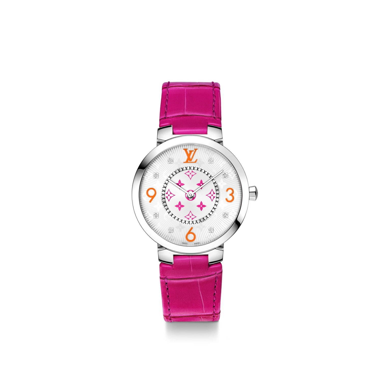 ルイ・ヴィトンの腕時計「タンブール スリム」“フューシャピンク 