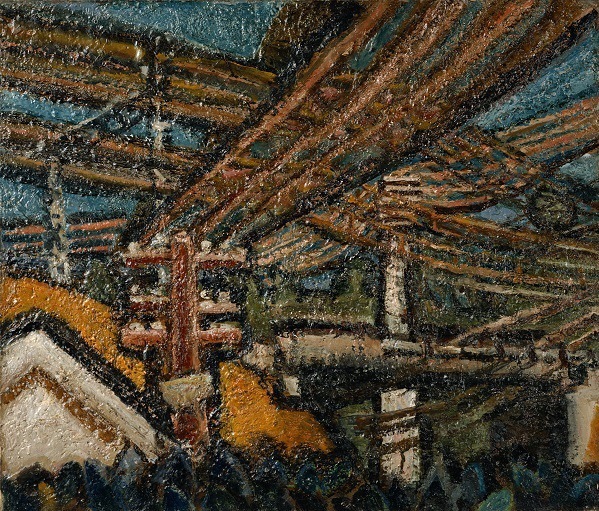 朝井閑右衛門《電線風景》昭和25年(1950)頃 油彩、キャンバス 横須賀美術館蔵