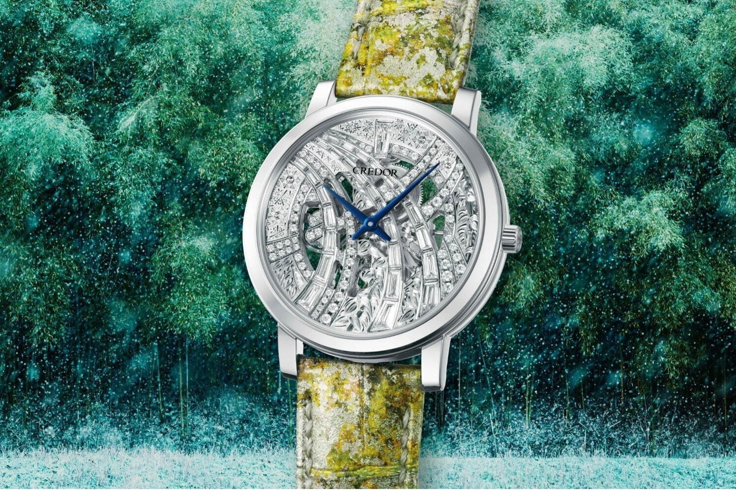 セイコー「クレドール」スケルトン高級腕時計、“雪が降る竹林”を