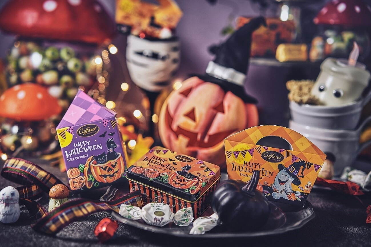 カファレルのハロウィン限定チョコレート、黒猫＆かぼちゃを描いたジャンドゥーヤ缶やきのこ型チョコ｜写真1