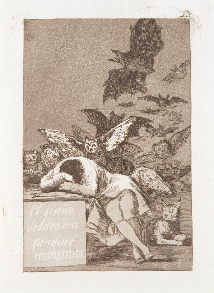 フランシスコ・デ・ゴヤ《理性の眠りは怪物を生む》『ロス・カプリチョス』
第43番 1797-1799年
エッチング、アクアティント・簀目紙 31.4×20.6cm 長崎県美術館蔵