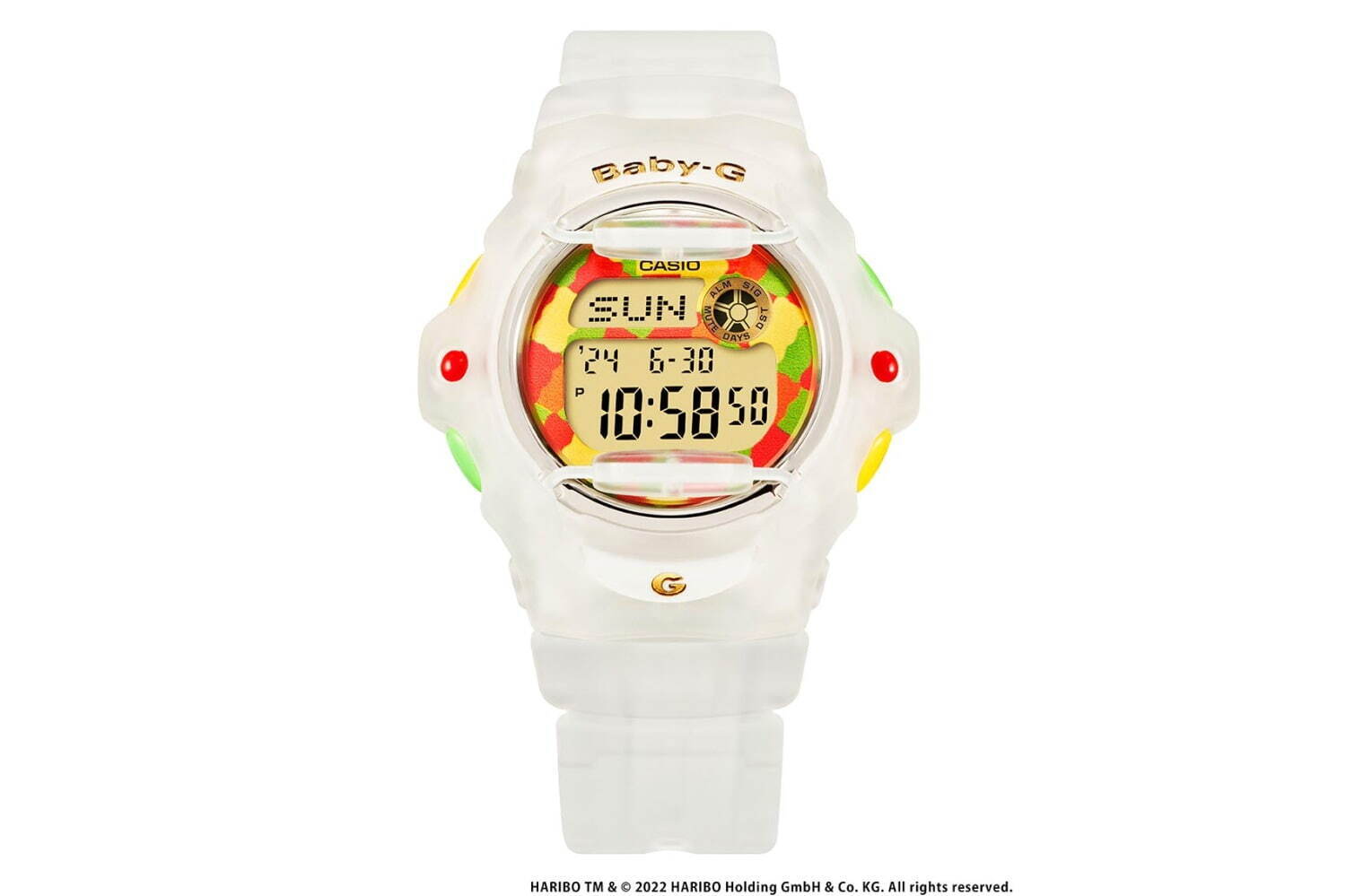 BABY-G×ハリボーの腕時計「BG-169HRB」マットスケルトンのバンド＆ケースにグミ柄文字板 - ファッションプレス