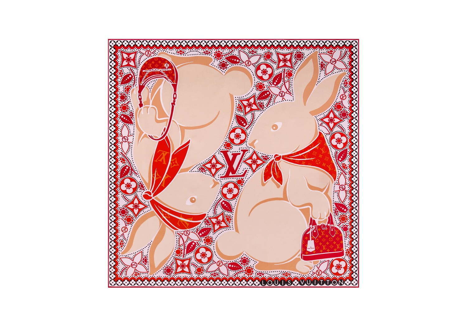 ルイ・ヴィトン23年干支「うさぎ」を描いたスカーフ、真っ赤なマフラー 