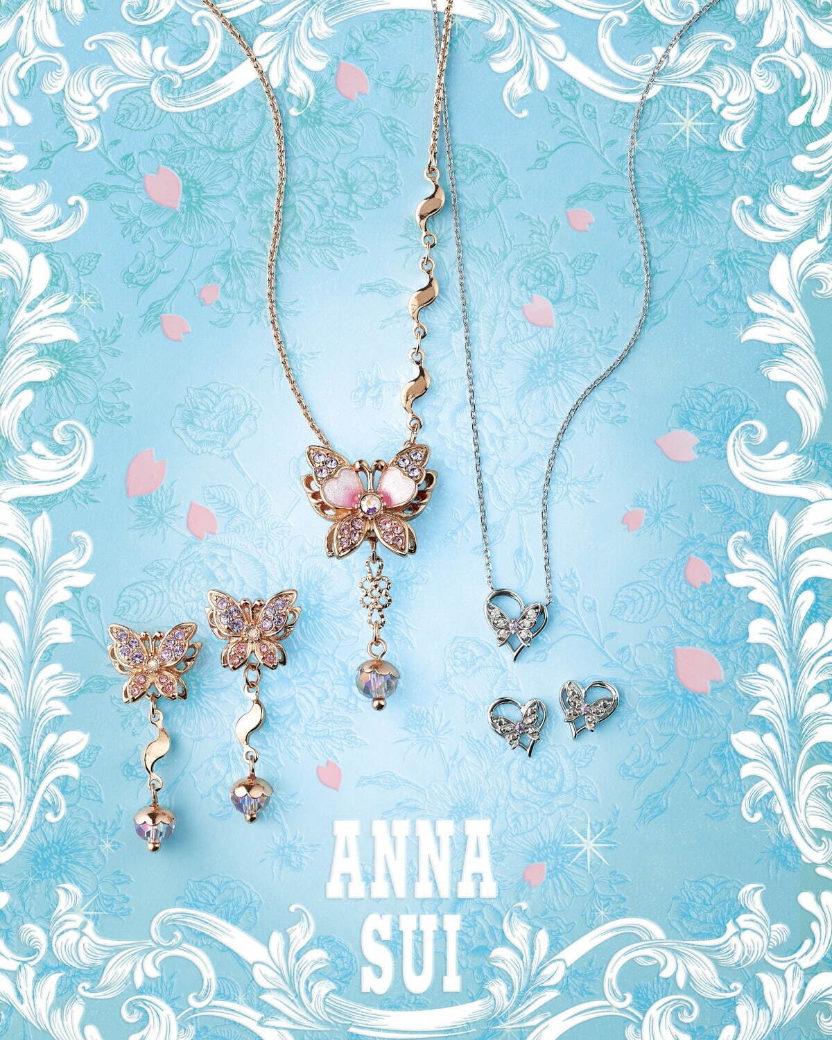 アナ スイ“蝶”モチーフの新作ネックレス＆ピアス、桜の花びら×ピンク